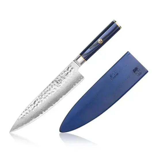 Product photo of the Cangshan Kita 8-inch chef's knife, with a hammered Damascus blade, a blue handle and a matching blue magnetic sheath.