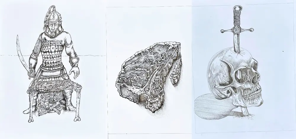Three ink drawings: a Mongol warrior in armor grilling meat over a fire, a close-up of a slab of meat, and a human skull with a sword stuck in the top of it.