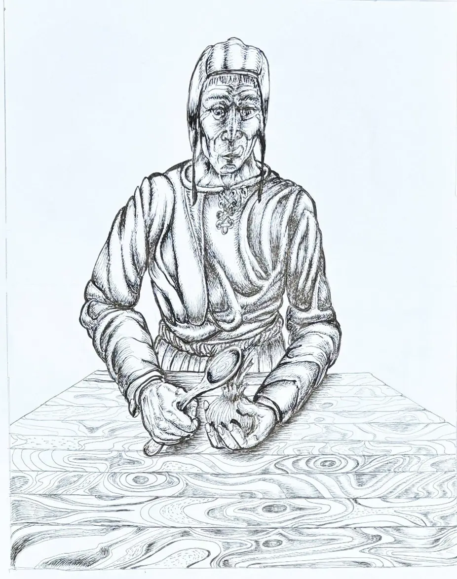 Ink drawing of a gloomy medieval peasant in a hood sitting at a wood-grain table, holding a wooden spoon in one hand and an onion in the other.