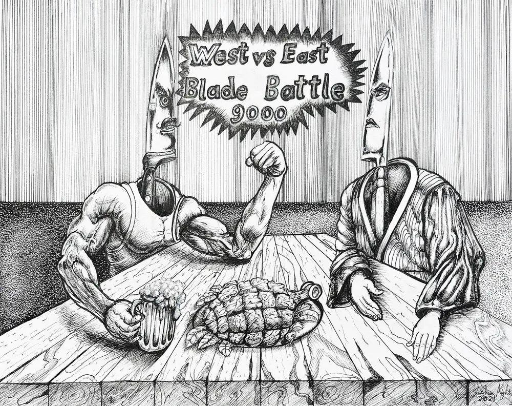 Ink drawing titled West vs East Blade Battle 9000. A muscular knife-headed man with a mustache flexes and holds a beer, facing a calm knife-headed man in a robe across a wooden table with a strange spiky dish between them.