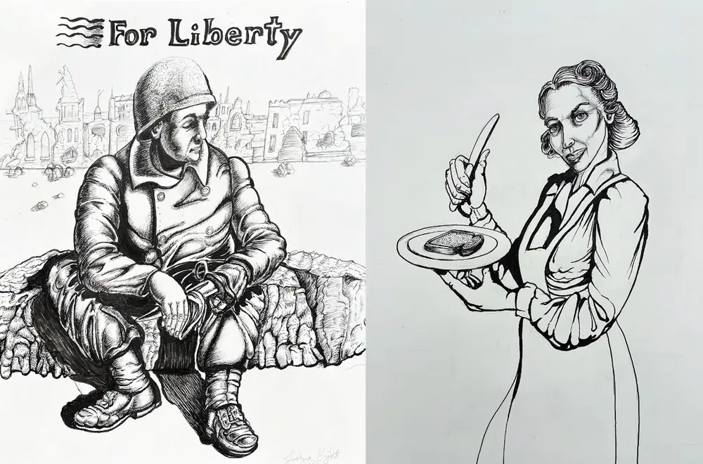 Two ink drawings. On the left, a tired WWII soldier in a helmet sits on rubble in a ruined city under the words For Liberty. On the right, a 1940s woman with pinned curls holds a butter knife over a plate with one slice of toast.