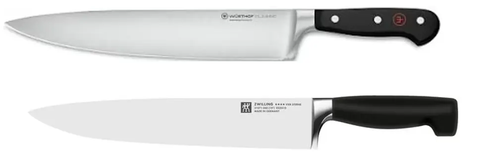 Product photos of two German chef's knives with black handles: a Wüsthof Classic and a Zwilling Four Star.