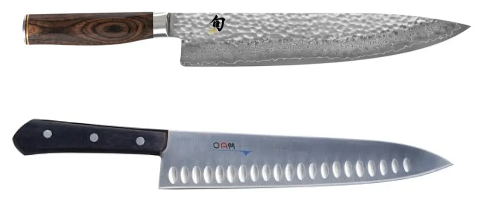 Product photos of two Japanese chef's knives: a Shun with a hammered Damascus blade and a wood handle, and a MAC with a dimpled blade and a dark handle.