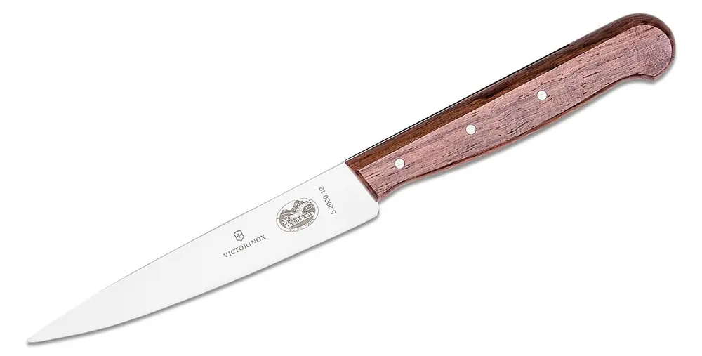 A Victorinox utility knife with a slim blade and a wood handle.