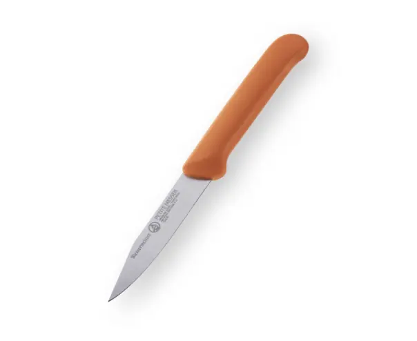 A small Messermeister clip point paring knife with an orange handle.