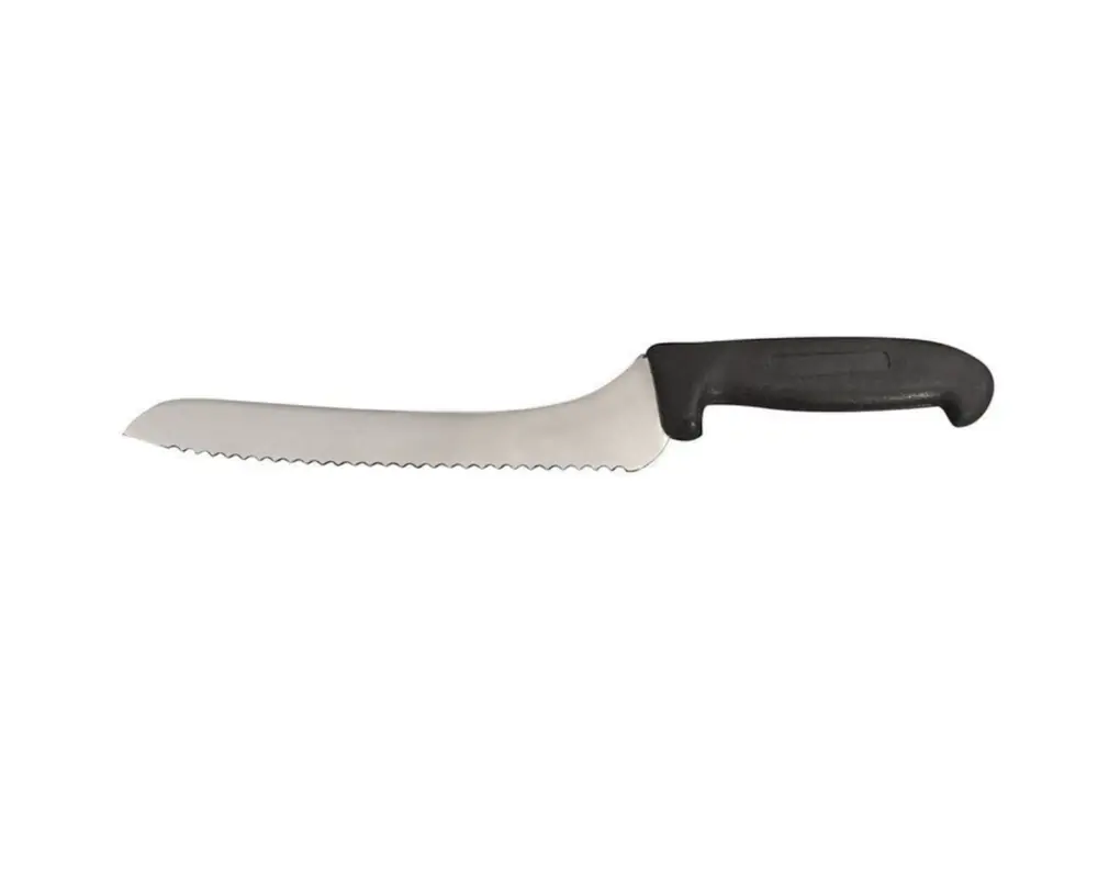 An offset serrated bread knife with a black handle.