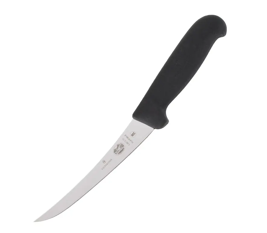 A Victorinox Fibrox Pro boning knife with a thin curved blade and a black handle.