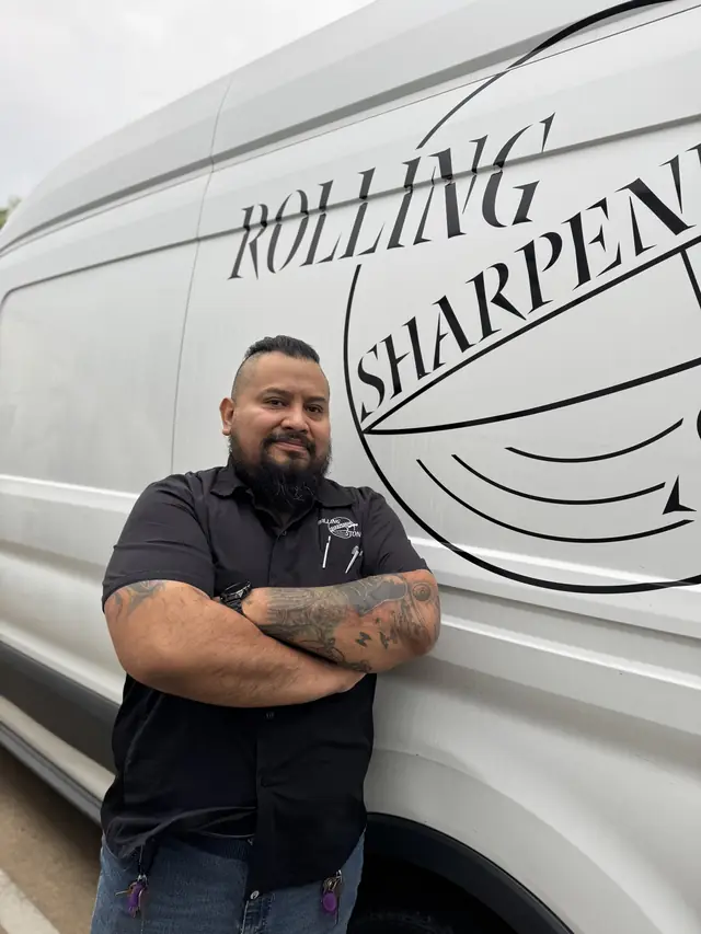 Alberto next to a Rolling Sharpening Stone truck