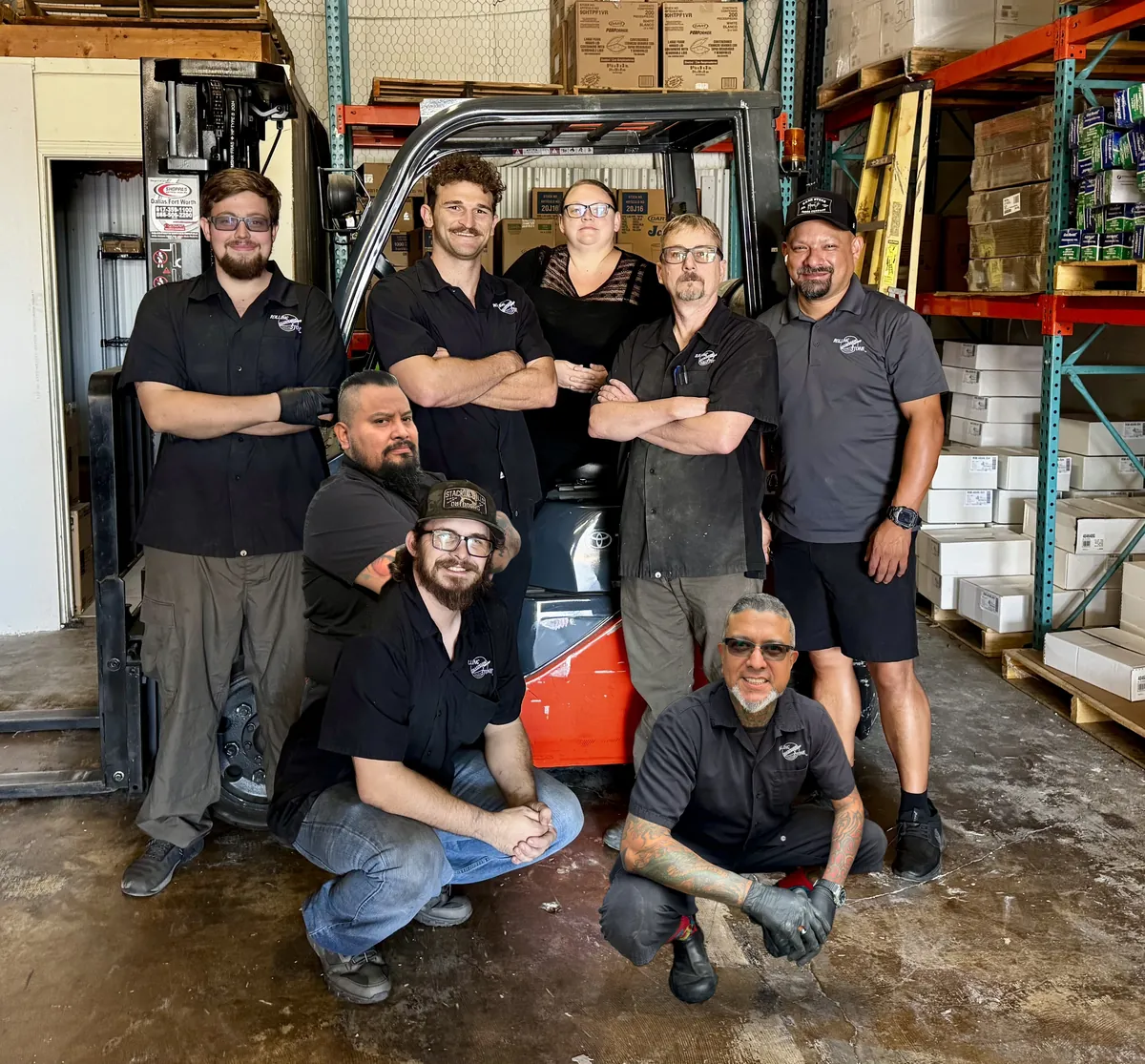 The whole Rolling Sharpening Stone crew at our warehouse forklift
